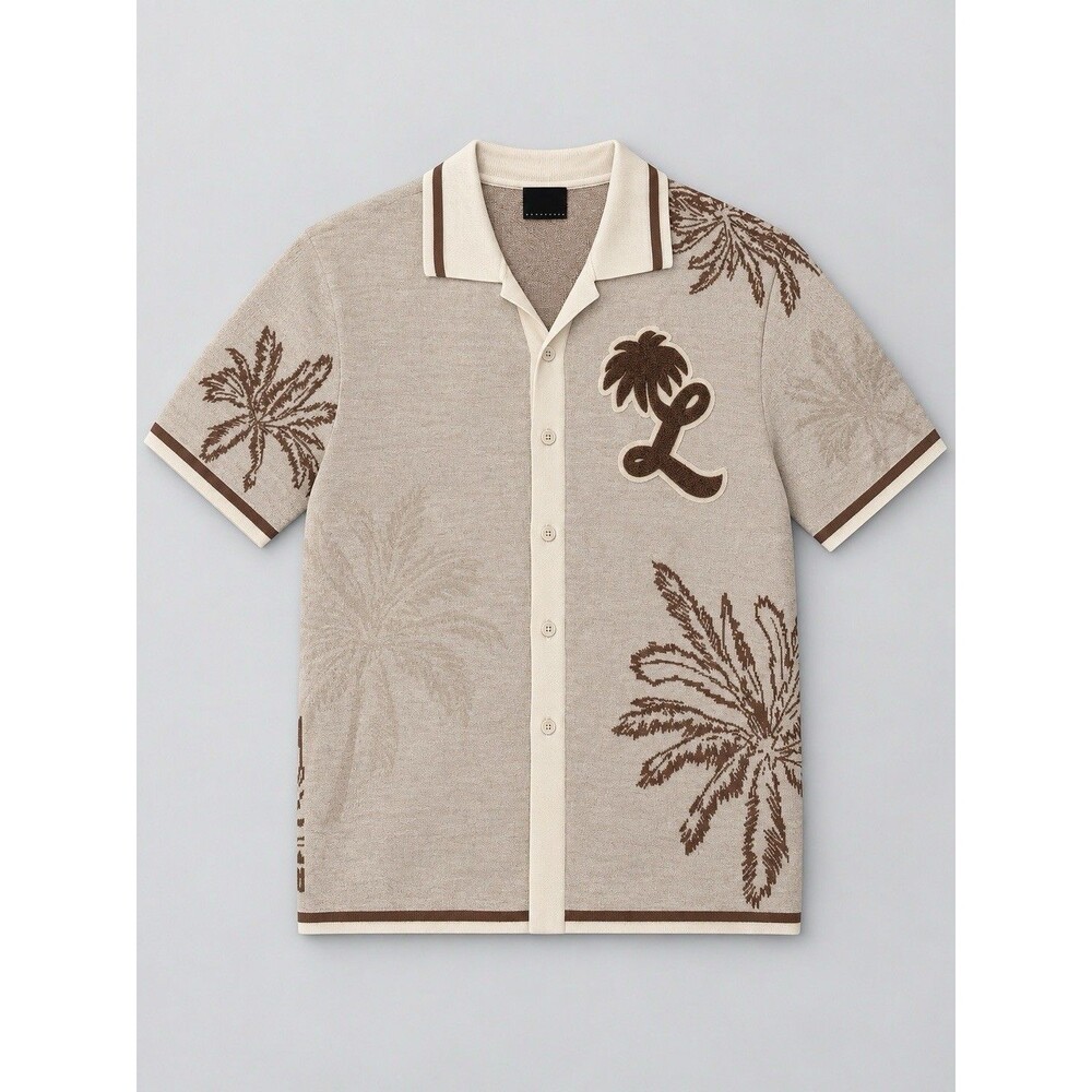 Smoke Rise Legendary Palm Tree Knit Button Front Shirt Beige Brown Mens M